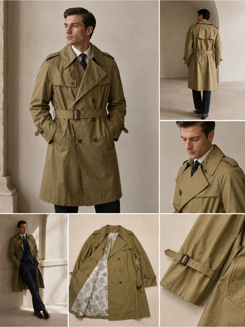 Vintage Great Dane Trench Coat Mens 42 Khaki Belted Double Breasted Rain Coat